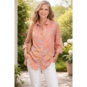 Chicos No Iron Button Down Top Size 3 (XL) Linen 3/4 Sleeve Paisley Funky Blouse